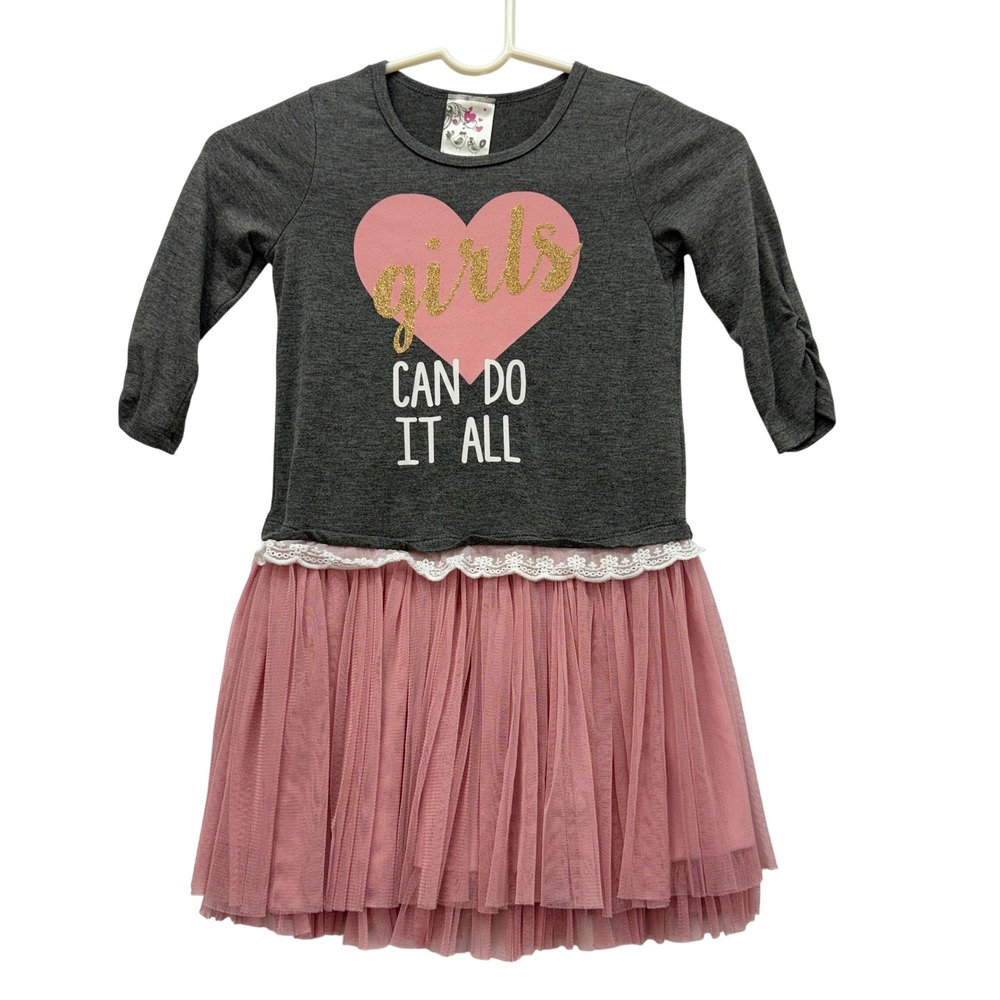 Jenna‎ & Jessie Tulle Dress Girls 6 Gray Pink Heart Girls Can Do It All Tutu